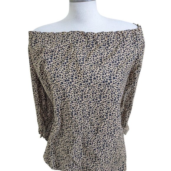 Womens Plus Size 3X Linen Blend Off Shoulder Leopard Top 3/4 Sleeves Tan Black - Picture 2 of 6